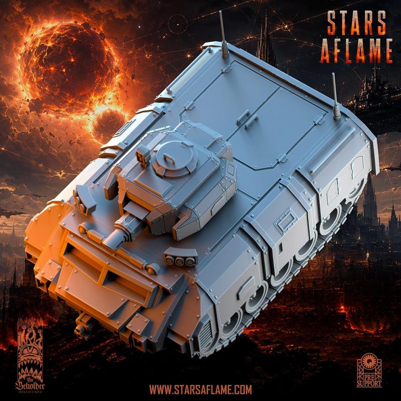 A high-angle view of the gray resin troop transport model, highlighting the top of the turret and front hatch details.