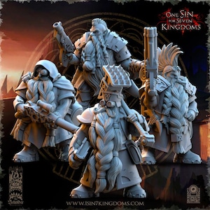 May include: Four grey dwarf figurines with long, braided beards, armour, and weapons. One figure wears a hooded cloak and gas mask. The figures are from the "One Sin for Seven Kingdoms" collection. The background is dark with a circular design.