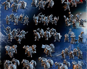 Può includere: Una collezione di miniature di guerrieri stampate in 3D in varie pose, che impugnano spade, scudi e asce. Le miniature sono dipinte di un colore grigio chiaro e sono disposte in file su uno sfondo blu. Il testo "Un anello per domarli tutti" è visibile nell'angolo in alto a destra dell'immagine.