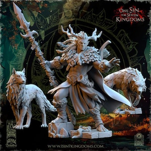 May include: A detailed figurine of a warrior with antlers, holding a spear and bow, flanked by two wolf figures. The figure is light-colored, with intricate details. The background features a circular design and text that reads "One Sin for Seven Kingdoms."