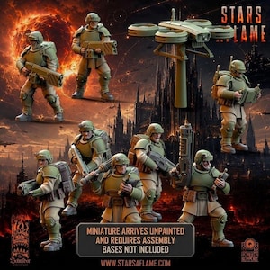 May include: A set of seven sci-fi soldier miniatures in olive green armor with helmets and backpacks, plus one drone. Text reads: MINIATURE ARRIVES UNPAINTED AND REQUIRES ASSEMBLY BASES NOT INCLUDED. WWW.STARSALFLAME.COM. The figures hold various rifles.