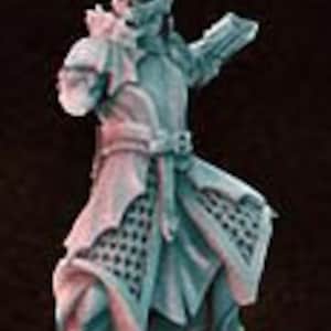 May include: A miniature figurine of a skeletal warrior wearing a feathered helmet, chainmail armor, and a green tunic. The figure is holding a sword in its right hand and has a dagger strapped to its left leg.