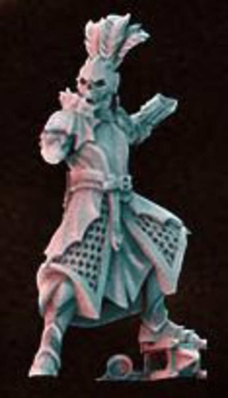 May include: A miniature figurine of a skeletal warrior wearing a feathered helmet, chainmail armor, and a green tunic. The figure is holding a sword in its right hand and has a dagger strapped to its left leg.