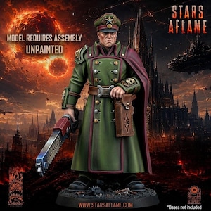 May include: A miniature figurine of a military officer in a long olive green coat with gold buttons, a red cape, and a peaked cap. The figure holds a large red and silver chainsaw weapon in one hand and wears a brown holster on a belt at the waist.