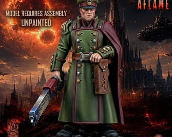 May include: A miniature figurine of a military officer in a long olive green coat with gold buttons, a red cape, and a peaked cap. The figure holds a large red and silver chainsaw weapon in one hand and wears a brown holster on a belt at the waist.