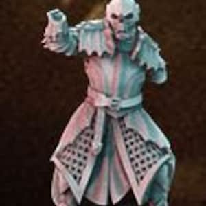 May include: A miniature figure of a warrior wearing a helmet with a feathered crest, chainmail armor, and a sword. The figure is painted in shades of blue and green.
