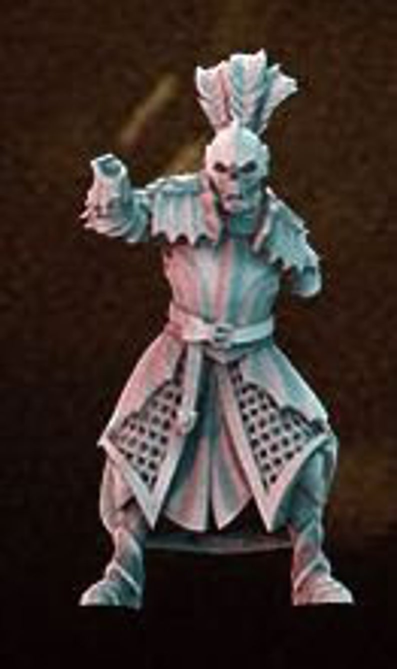 May include: A miniature figure of a warrior wearing a helmet with a feathered crest, chainmail armor, and a sword. The figure is painted in shades of blue and green.