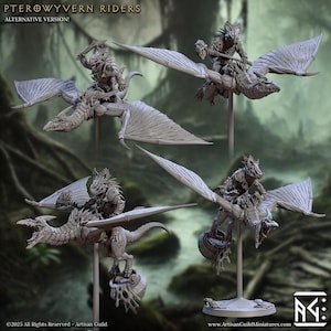 May include: A collection of miniature figurines depicting Pterowyvern Riders. The figures are in a neutral color, with detailed wings and riders. The text "PTEROWYVERN RIDERS" and "ALTERNATIVE VERSION!" is visible at the top. The Artisan Guild logo is in the bottom right.
