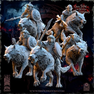 Peut inclure: Plusieurs figurines miniatures détaillées représentant des guerriers fantastiques chevauchant des loups. Les figurines sont armées de lances et de boucliers. Le texte "ONE SIN for SEVEN KINGDOMS" est visible. Destinées au jeu de table ou à la collection.