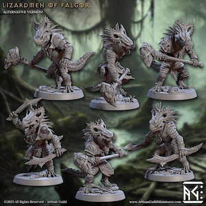 May include: A collection of six Lizardmen of Falgor miniature figures in various poses. The figures are gray, detailed, and armed with weapons like hammers and swords. The text "LIZARDMEN OF FALGOR" and "ALTERNATIVE VERSION!" is visible. The Artisan Guild logo is in the bottom right.