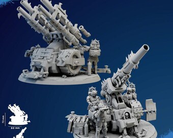 May include: Two gray miniature war machines with detailed designs. One features multiple rocket launchers, while the other has a large cannon. Both include miniature figures and are set on circular bases. The image also includes the text "SUPPORTS READY".