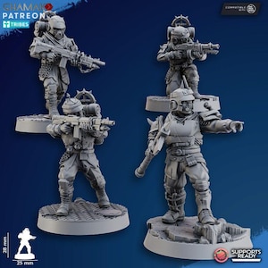 May include: Four gray miniature figurines of soldiers in futuristic armor, each holding a rifle. The figures are on individual bases, with one figure pointing. The image includes the text "GHAMAK PATREON TRIBES" and "SUPPORTS READY".