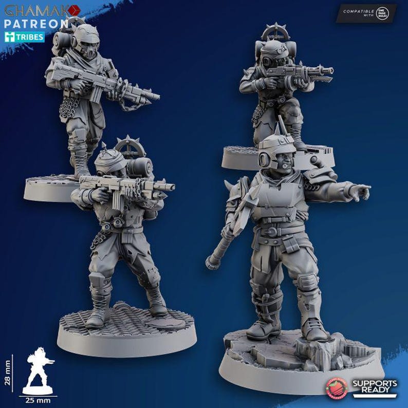May include: Four gray miniature figurines of soldiers in futuristic armor, each holding a rifle. The figures are on individual bases, with one figure pointing. The image includes the text "GHAMAK PATREON TRIBES" and "SUPPORTS READY".