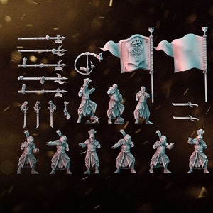 May include: A set of miniature figures, weapons, and flags. The figures are dressed in fantasy armor and hold swords and spears. The flags are white with a black design. The figures are painted in shades of gray.