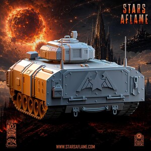A gray resin troop transport vehicle model viewed directly from the rear, displaying a large star and wings emblem on the back hatch.