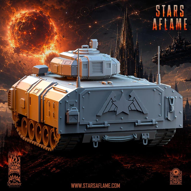 A gray resin troop transport vehicle model viewed directly from the rear, displaying a large star and wings emblem on the back hatch.