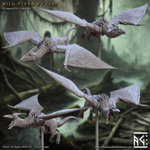 May include: A detailed image showcases multiple gray Wild Pterowyvern miniature figures in various flying poses. The figures have large, detailed wings and are mounted on thin stands. The text "WILD PTEROWYVERN ALTERNATIVE VERSION!" is at the top.