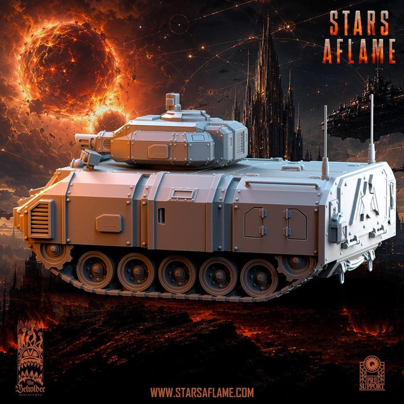 A gray resin armored vehicle model viewed from the rear three-quarters angle, showing detailed panels and tread wheels.