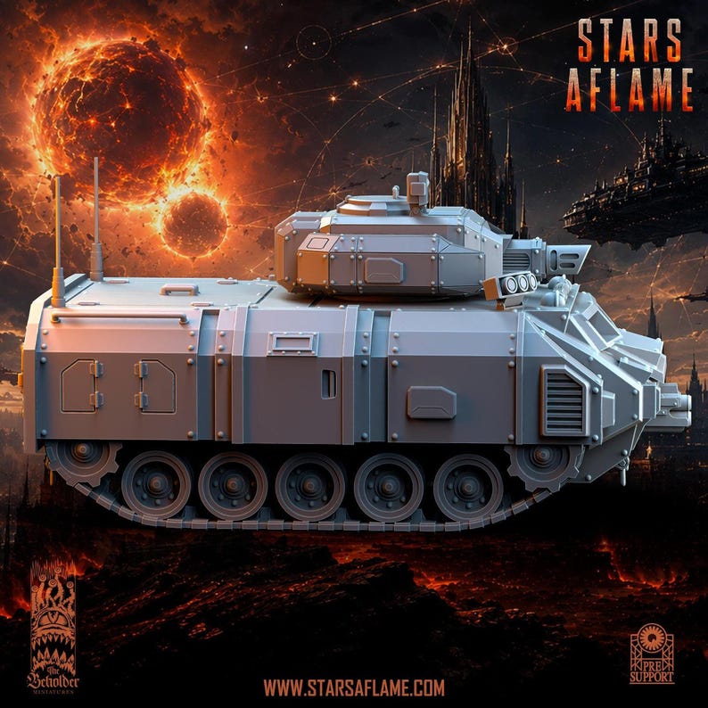 A profile view of a gray resin armored vehicle miniature resting on treads, showing its side panels and turret.
