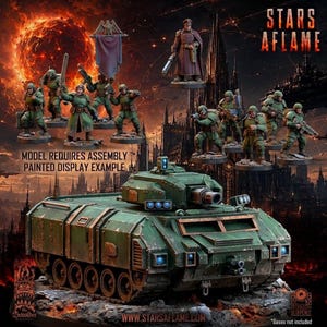 May include: A green armoured tank model with a turret and blue lights, accompanied by a set of miniature soldier figurines in green uniforms. The image features the text STARS AFLAME and MODEL REQUIRES ASSEMBLY PAINTED DISPLAY EXAMPLE.