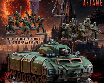 May include: A green armored tank model with a turret and blue lights, accompanied by a set of miniature soldier figurines in green uniforms. The image features the text STARS AFLAME and MODEL REQUIRES ASSEMBLY PAINTED DISPLAY EXAMPLE.
