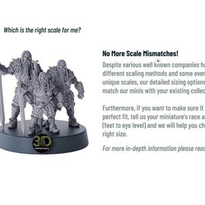A white graphic with text and three grey dwarf figurines on a black base, illustrating scale comparison.