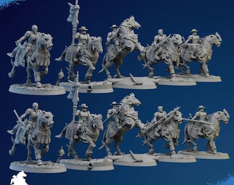 May include: A collection of miniature figurines depicting armored knights on horseback. The figures are in a light gray color and are mounted on bases. The image includes the text "GHAMAKO PATREON TRIBES" and "SUPPORTS READY". The dimensions are 60mm x 36mm.