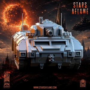 Front view of a grey resin miniature military tank with tracks, a turret, and dual cannons against a digital space background.