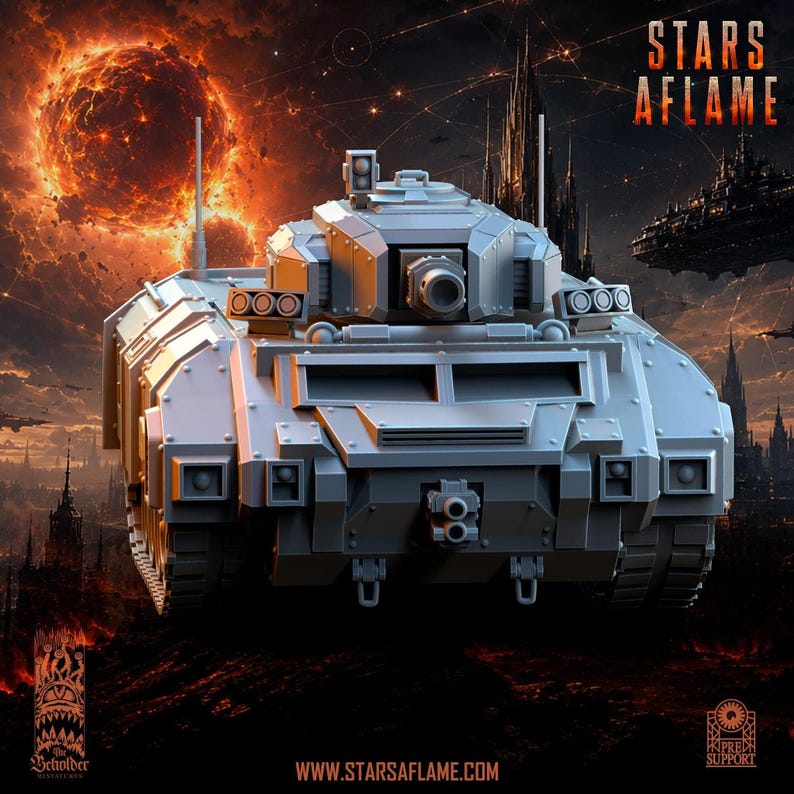 Front view of a grey resin miniature military tank with tracks, a turret, and dual cannons against a digital space background.