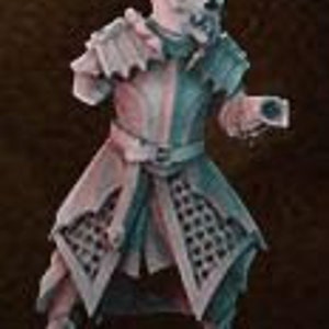 May include: A skeletal figure wearing a red and green costume with a feathered hat and holding a small object in its hand. The figure is painted in a realistic style and appears to be a miniature figurine.