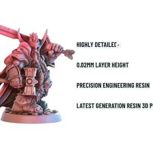 A 3D-printed miniature of a dwarf warrior in armor, holding a large sword and a hammer, with text describing printing details.