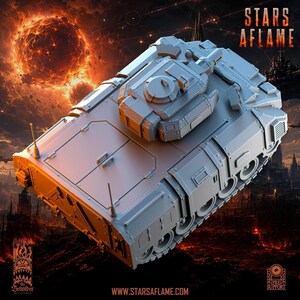 An overhead perspective of the gray resin armored vehicle, focusing on the rear deck hatches and dual antennae.