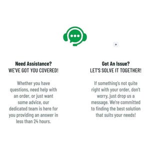 A white graphic with two sections of text, each with a green icon, about customer assistance and issue resolution.