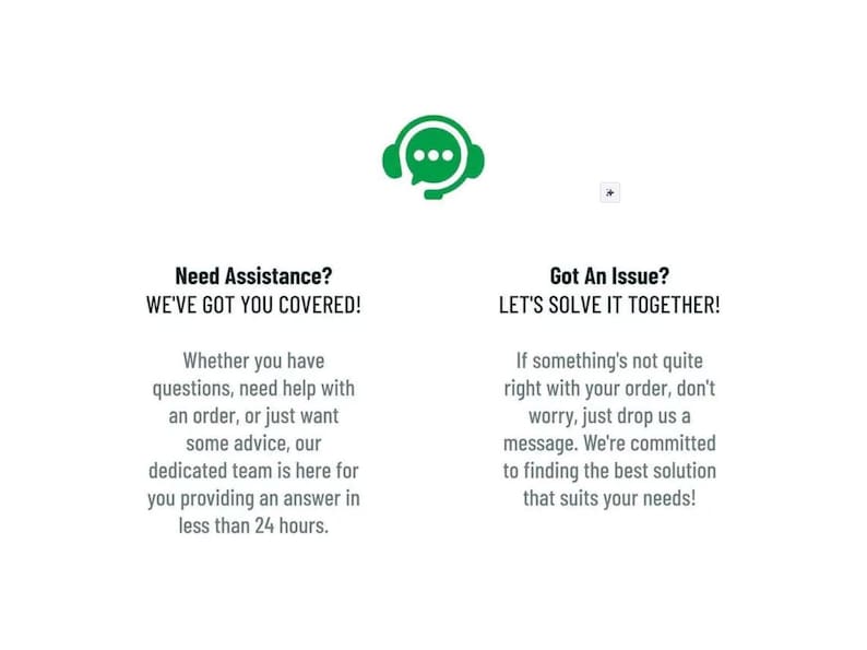 A white graphic with two sections of text, each with a green icon, about customer assistance and issue resolution.