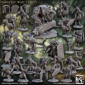 Puede incluir: Colección de miniaturas Ironkeep War-Trolls, con diversas poses y armamento. Las figuras son de color neutro, mostrando armaduras, escudos y armas detalladas. La imagen incluye el logotipo de Artisan Guild y la dirección del sitio web.