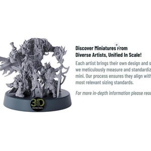 A group of five fantasy miniatures on a round base, with text about diverse artists and unified scale.