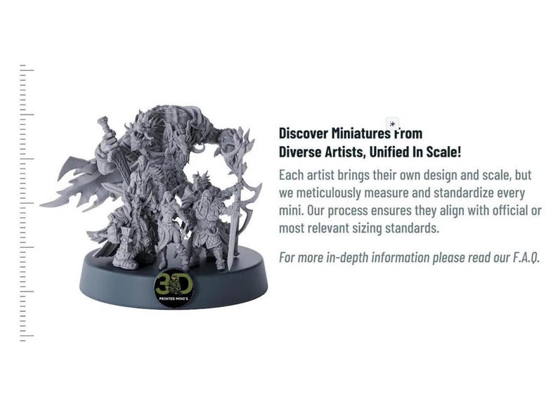 A group of five fantasy miniatures on a round base, with text about diverse artists and unified scale.