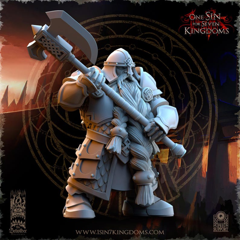 Puede incluir: Figura en miniatura gris de un guerrero enano, sosteniendo una gran hacha y un martillo. El enano est&aacute; vestido con armadura y tiene una larga barba trenzada. La figura es de la colecci&oacute;n "One Sin for Seven Kingdoms".