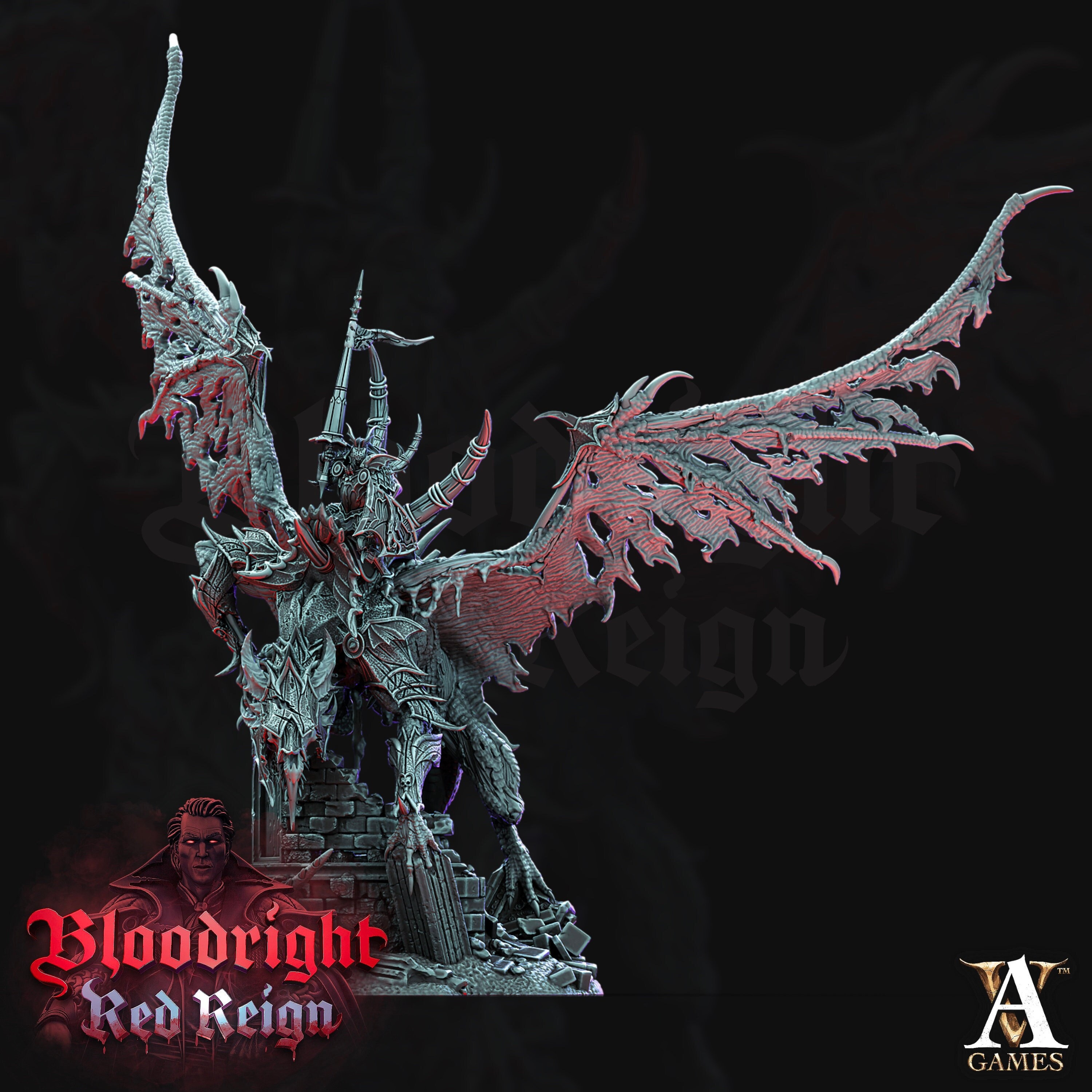 Vampire Lord on Zombie Dragon Miniature: 14k ABS Resin
