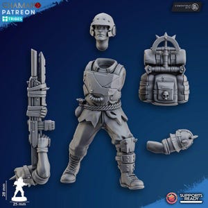 May include: A gray miniature figure of a soldier, with separate components including a head, torso, legs, backpack, and weapon. The figure is approximately 1 inch tall and 1 inch wide. The backpack has a skull design.
