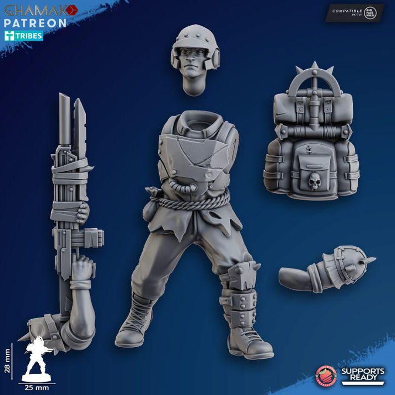 May include: A gray miniature figure of a soldier, with separate components including a head, torso, legs, backpack, and weapon. The figure is approximately 1 inch tall and 1 inch wide. The backpack has a skull design.