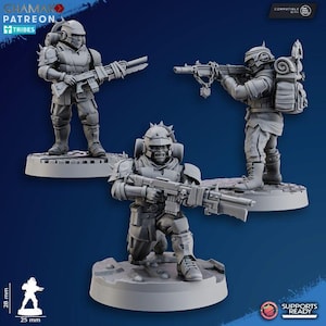 May include: Three gray miniature figurines of soldiers in futuristic armor, each holding a rifle. The figurines are on circular bases. The image includes text that reads "GHAMAK PATREON TRIBES" and "SUPPORTS READY".