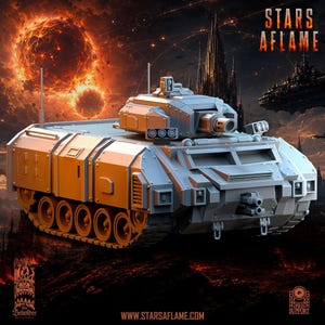 A front three-quarters angle of the gray resin military transport vehicle, displaying its tracks, front hull, and turret cannon.