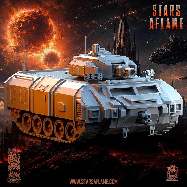 A front three-quarters angle of the gray resin military transport vehicle, displaying its tracks, front hull, and turret cannon.