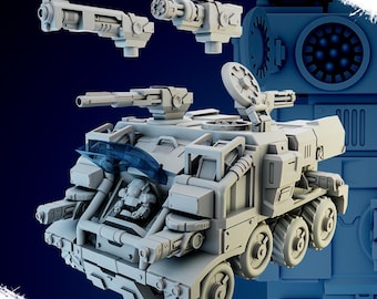 Pode incluir: Um modelo 3D impresso em cinza de um veículo militar futurista com uma torre e múltiplos canhões. O veículo tem um compartimento para o condutor e uma grande área de carga. O modelo tem um tamanho de 160x100x80 mm.
