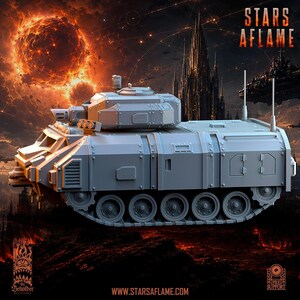 A gray resin tabletop miniature of an armored vehicle viewed from the front right side, featuring treads and a top-mounted cannon.