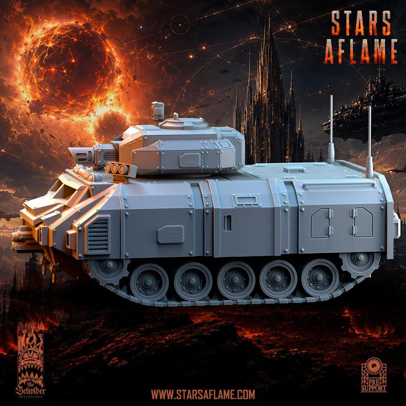 A gray resin tabletop miniature of an armored vehicle viewed from the front right side, featuring treads and a top-mounted cannon.