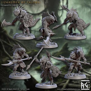 May include: A collection of gray Lizardmen of Falgor miniatures in various action poses. Each figure is detailed with armor, weapons, and reptilian features. The text "LIZARDMEN OF FALGOR" and "ALTERNATIVE VERSION!" is visible. The Artisan Guild logo is in the bottom right.