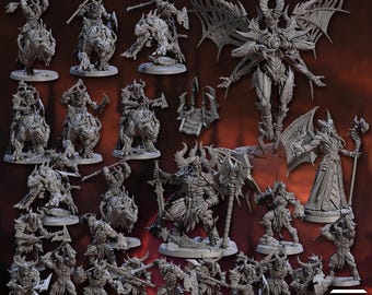 May include: A collection of detailed miniature figures, including demons, warriors, and creatures, with intricate designs and weaponry. The figures are in various poses, some riding beasts, others wielding swords and axes. The text "THE INFERNAL LEGION" is at the top.