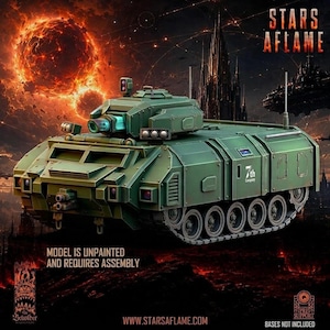 May include: A green military tank model featuring a turret with a blue-tinted cannon, side panels marked with 7th Company, and two antennas. The text on the image reads STARS AFLAME, MODEL IS UNPAINTED AND REQUIRES ASSEMBLY, and WWW.STARSAFLAME.COM.